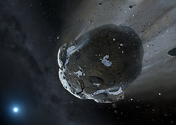 Artist's impression of a rocky and water-rich asteroid being torn apart by the strong gravity of the white dwarf star. Similar objects in the Solar System likely delivered the bulk of water on Earth and represent the building blocks of the terrestrial planets. Image copyright Mark A. Garlick, http://space-art.co.uk, University of Warwick  [ JPEG ].