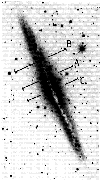 Photograph of NGC 891 with slit positions marked