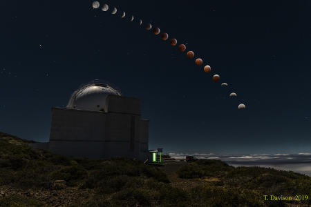 Total Lunar eclipse 20/21 Jan 2019 above the INT dome by ING student Thomas Davison