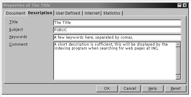 Properties - Description window