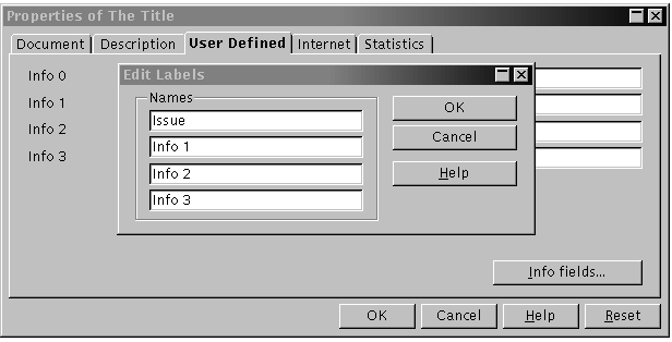 Properties - Info Fields window