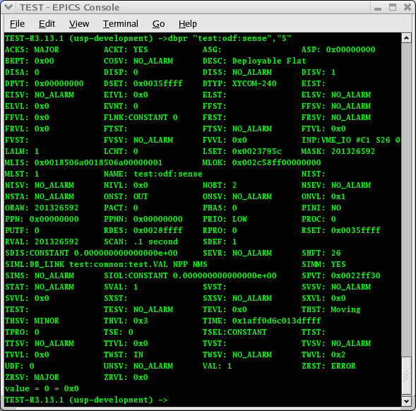 Test Console Display of PV fields for test:odf:sense