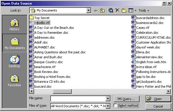 Microsoft Open Data Source Window