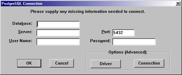 Microsoft PostgreSQL Connection Window